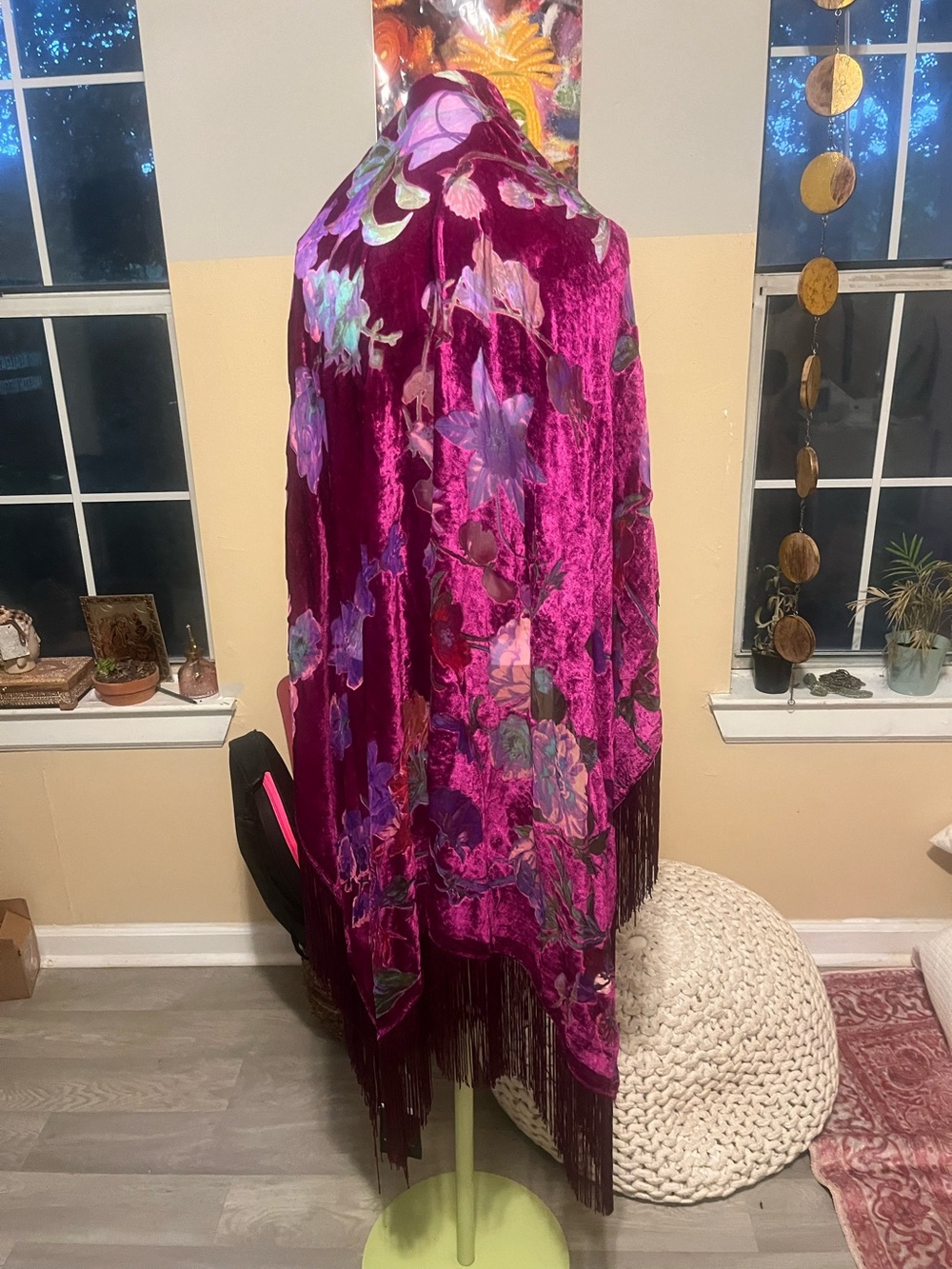 Velvet Floral Fringe Shawl - Deep Magenta